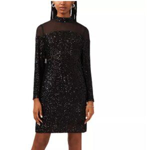 Women's Sequin Mesh-Panel Mock-Neck Mini Dress
